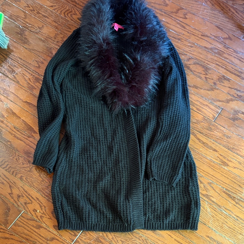 Lilly Pulitzer Black Knit Cardigan with Faux Fur Trim